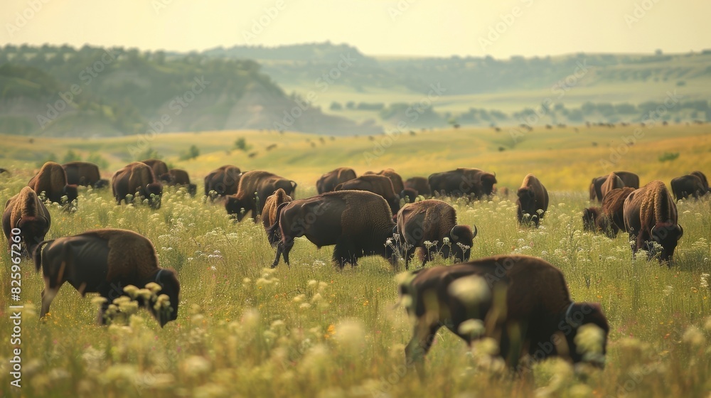 Aufkleber a group of grazing bison on the move their migration creating a rhythmic pattern in the grassy plain