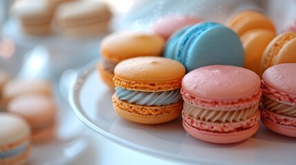 Fototapeta premium Assortment of Delicate French Macarons on Pastel Colored Dessert Platter