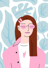Calm girl in pink glasses, oversize shirt, white T-shirt. Relaxed, dreaming woman portrait. Tropical leaves Dopamine style poster. Long hair, cute heart, 90 s hairpins. Vector Character illustration