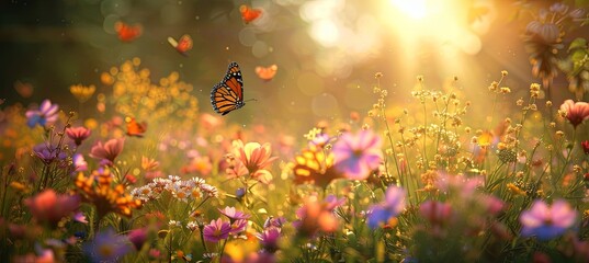 Enchanting Summer Meadow with Butterflies and Sunbeams: A vibrant meadow in full summer bloom, with a variety of wildflowers and butterflies fluttering around