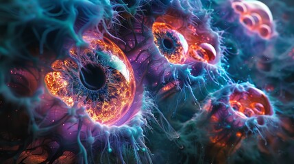 Eerie microbe-inspired abstract forms, glowing eye-like details, surreal and fascinating, vibrant yet dark color palette