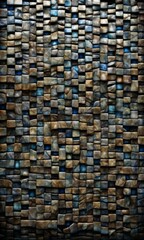 A wall of cubic stones in varying shades of blue and brown, creating a detailed and textured mosaic effect.. AI Generation
