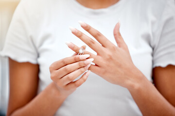 Hands, divorce and woman remove wedding ring for cheating, infidelity or toxic marriage problems....