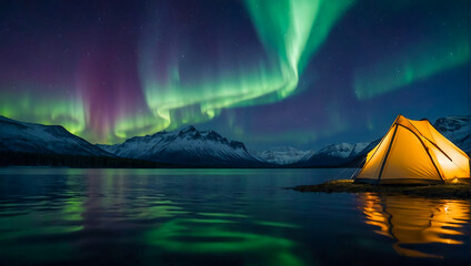 A glowing tent by a calm tranquil lake with the beautiful northern lights dancing in the sky