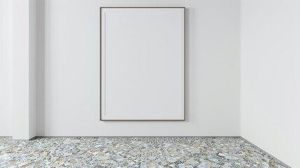 Minimalist room with a blank mockup frame on a white wall and a mosaic tile floor. High-definition 3D render.