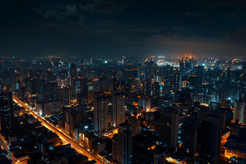 Obraz premium Aerial Night View of Skyscrapers from Drone's Perspective