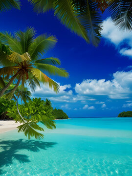 Palm trees, clouds, paradise in the sea, and a view of relaxation