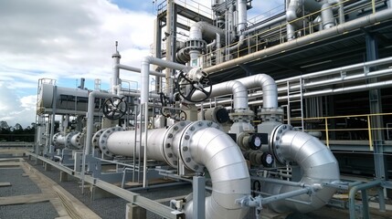 Complex industrial gas pipeline system with large silver pipes, valves, and control systems outdoors on a sunny day.
