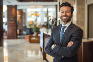 Fototapeta premium Smiling lawyer standing with arms crossed in front of a law firm's 