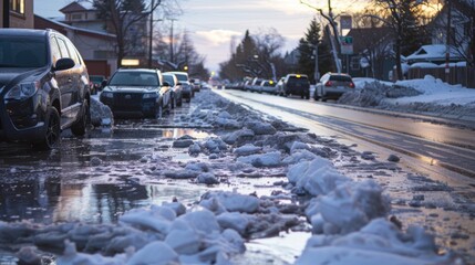 Cars and sidewalks become coated in a layer of slush as snow rapidly melts into water.