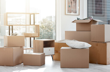 Cardboard boxes, empty home and moving logistics for mortgage investment, real estate and property. House relocation, change and packages for growth, transport and delivery to apartment for storage