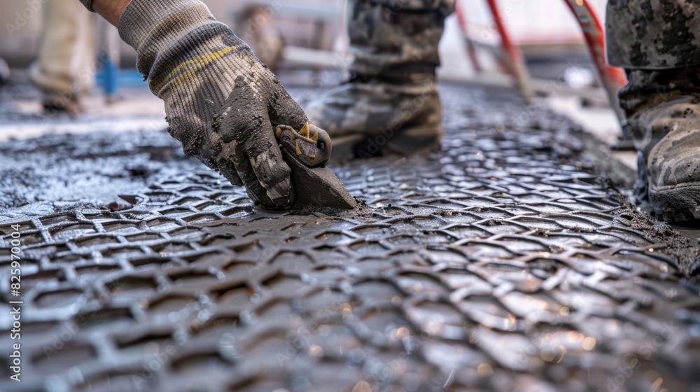 Poster a closeup view of the concrete stamping process with workers carefully aligning the stamps to create