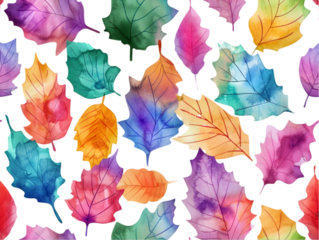 A pattern of colorful watercolor fall leaves isolated on transparent background.