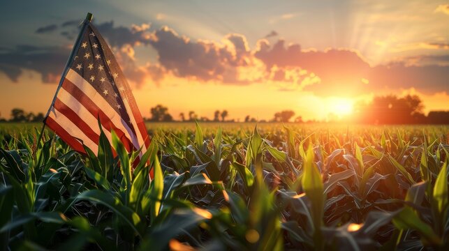 American flag waving over vibrant cornfield during a beautiful sunset, symbolizing patriotism and agriculture. Dramatic sky enhances the scene.
