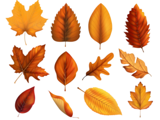 Set of five different orange leaves in autumn isolated on transparent background.