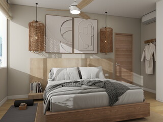 dormitorio de estilo moderno y muebles de madera 