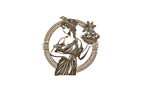 ancient roman woman holding a basket full of fruit vintage vector illustration