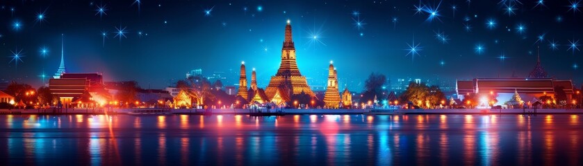 Naklejka premium A stunning night view of illuminated temples and buildings reflecting on a peaceful river in an urban cityscape under a starry sky.