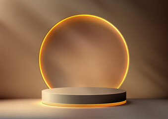 3D brown podium with a glowing circle of light behind, set against a dark background