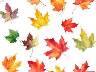 Fototapeta premium A pattern of colorful watercolor fall leaves isolated on transparent background.