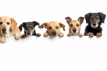 Adorable dogs sitting together, showcasing the love, joy, and happiness they bring to family life. Featuring cute dogs isolated against a white background. Horizontal. Space for copy.