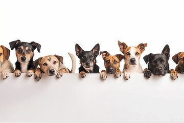 Adorable dogs sitting together, showcasing the love, joy, and happiness they bring to family life. Featuring cute dogs isolated against a white background. Horizontal. Space for copy.