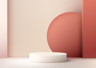 3D white pedestal with a smooth red circle resting on a beige room background, modern concept, product display, mockup, showroom,
