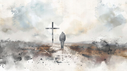 Man going on a journey in the wilderness with cross and mountains in the distance. Represents your personal journey with Jesus. Watercolor illustration