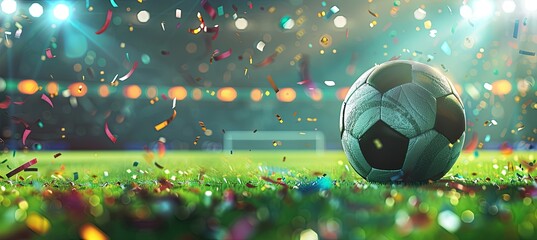 Soccer Ball, Trophy, and Confetti Celebration on a vibrant green soccer field background, with...