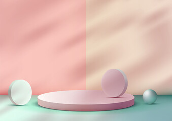 3D round pink podium with circle and ball geometric elements leaves sits on a soft pink background