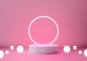 3D round pink podium with a neon circle and balls lights behind it sits on a pink background, modern concept
