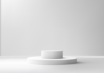 3D white podium stair with a light shines on it, against a white wall background, Minimal style