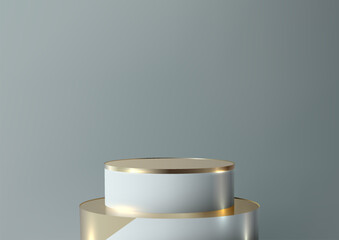 3D white and gold podium with a geometric design rests on a gray background, luxury style