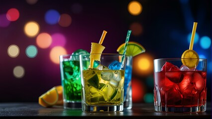 Colorful Cocktails at Disco Night - Party Vibes and Refreshing Drinks with Copy Space.