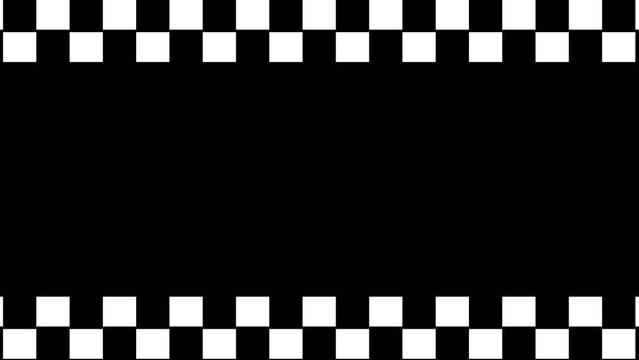 Black and White Animated Border, Checkers Moving Horizontal. Black and White Checkerboard Frame Animation on Black Background. Motion Graphics Asset for Design, Video Streaming and Channels.