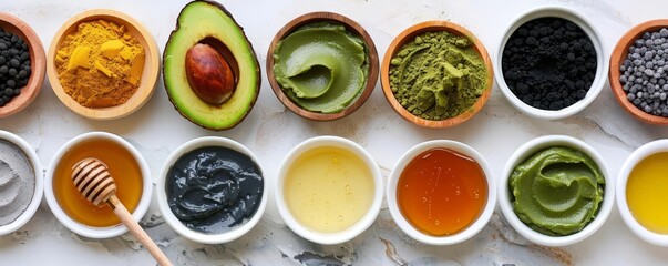 Flat lay of various face masks with natural ingredients like honey, avocado, and charcoal, promoting diversity