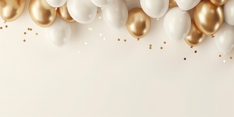 Golden and white balloons with confetti on white background