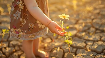 Child Holds Withered Flower in Sunlit Arid Garden Symbolic of Climate Crisis