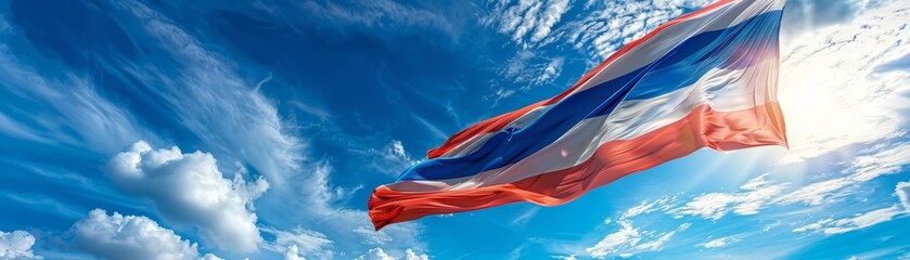 Majestic Thai flag waving in the wind against a vibrant, blue sky with white clouds, symbolizing national pride and freedom.