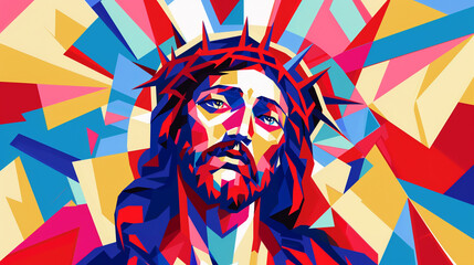 Portrait of Jesus wearing a crown of thorns in a colorful modern art style. Digital illustration. Faith in the modern world