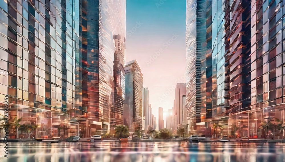 Poster a hyperrealistic cityscape showcases towering skyscrapers with a glossy reflection, capturing the es