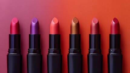 Flat lay of a variety of lipsticks arranged in a gradient, showcasing a range of colors