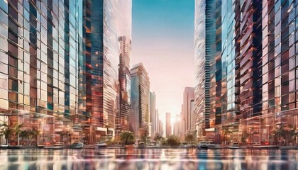 A hyperrealistic cityscape showcases towering skyscrapers with a glossy reflection, capturing the essence of a modern, bustling metropolis.. AI Generation