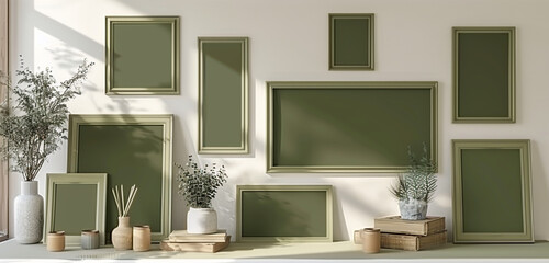 Stereoscopic rectangle template set with olive green scrapbook mockup frame photo collage.