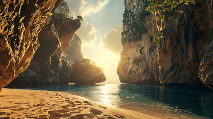 a secluded beach, framed by towering cliffs and bathed in golden sunlight