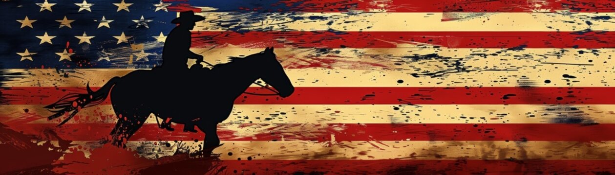 Silhouette of a cowboy riding a horse against a grunge American flag background, evoking themes of patriotism and the Wild West.