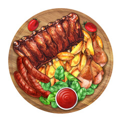 Mixed grilled meat platter. Watercolor illustration