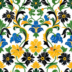 A floral pattern with yellow, blue, and black flowers