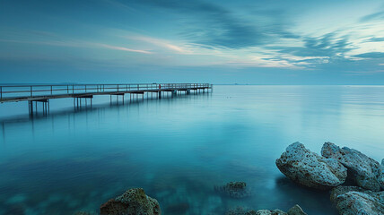Obraz premium a serene bay with a pier stretching out into the calm waters, inviting exploration