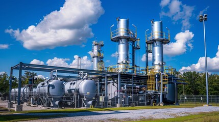 An operational chemical plant with tall metal structures and storage tanks under a clear blue sky, surrounded by a fence and greenery.